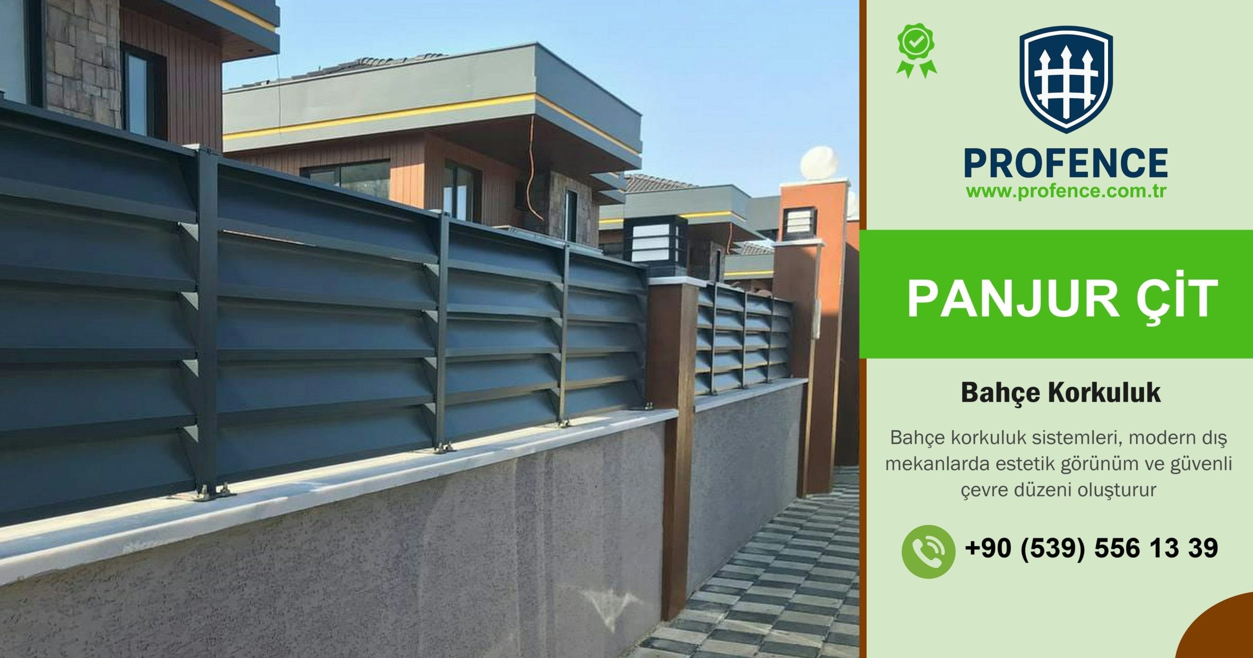 Modern bahçe korkuluk sistemi ile çevrelenen villa bahçesi