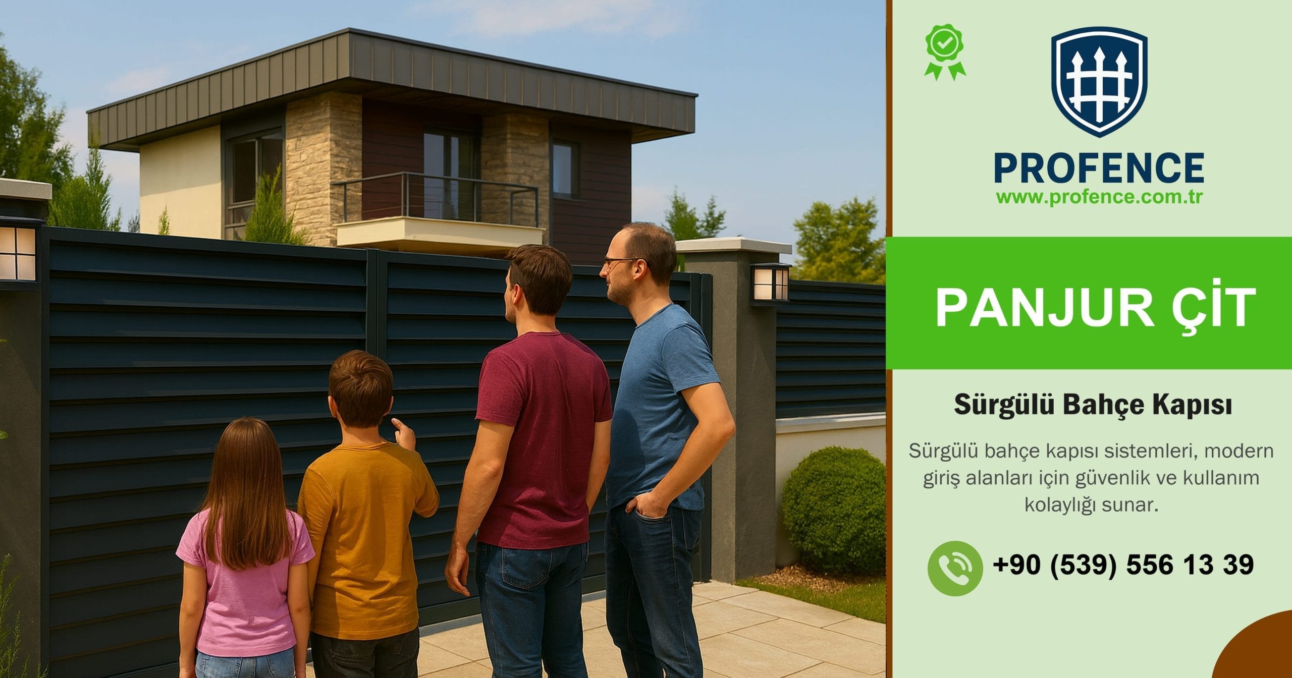 Modern sürgülü bahçe kapısı ile tasarlanan villa girişi