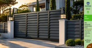 Villa girişinde kullanılan modern sürgülü bahçe kapısı uygulaması.